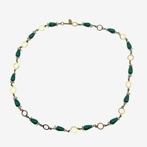 Vintage Miriam Haskell Signed Green Jade Glass Teardrop & Shell Necklace 27"